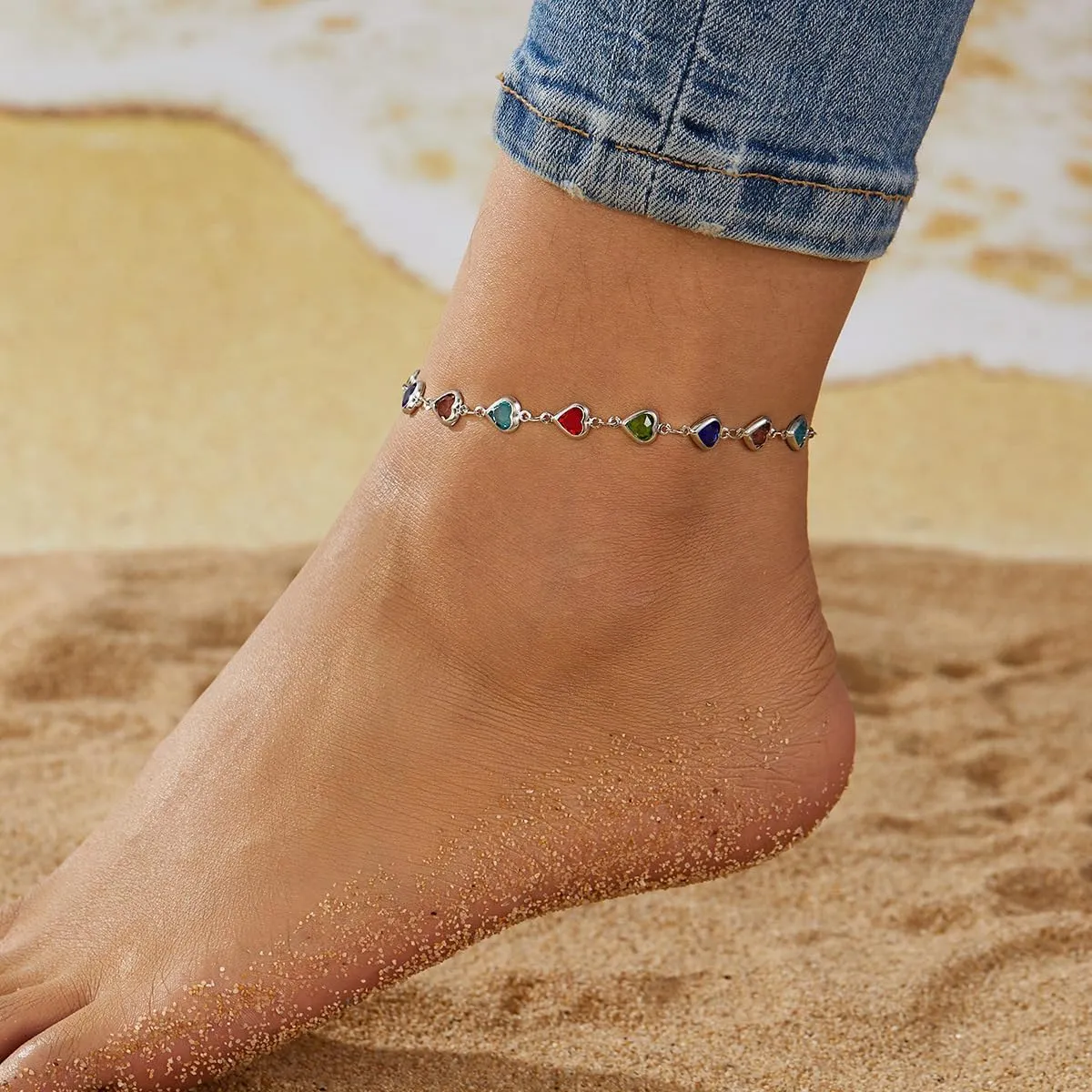 Rrdaily Muiltcolor Crystal Heart Beaded Anklets for Women,14K Gold Beach Foot Chain Jewelry Party Prom Trendy Bohemia Adjustable Jewelry Gifts