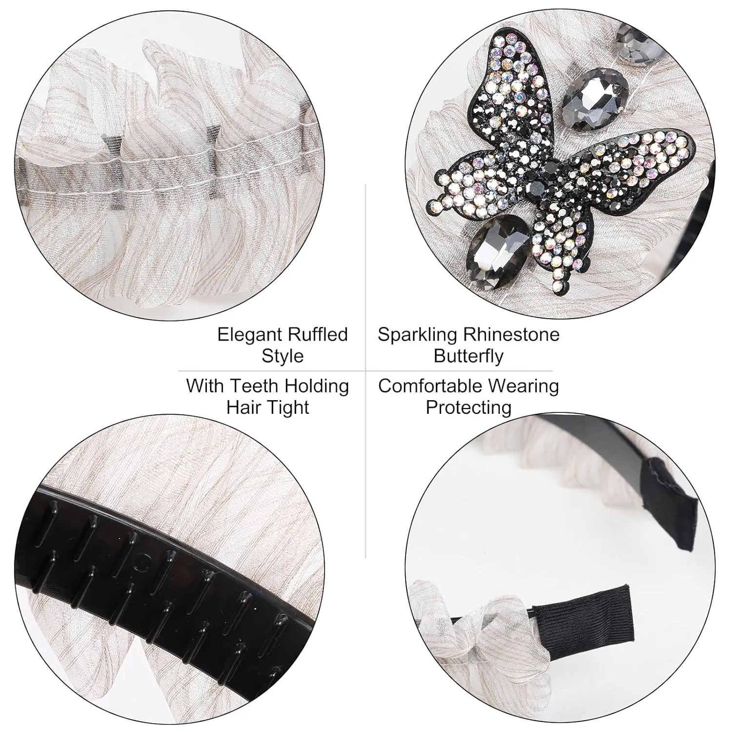 Ruffled Headband for Women Non Slip Fashion Flounce Headbands Exquisite Pleated Rhinestone Hairband Butterfly Lace Mesh Hair Accessories