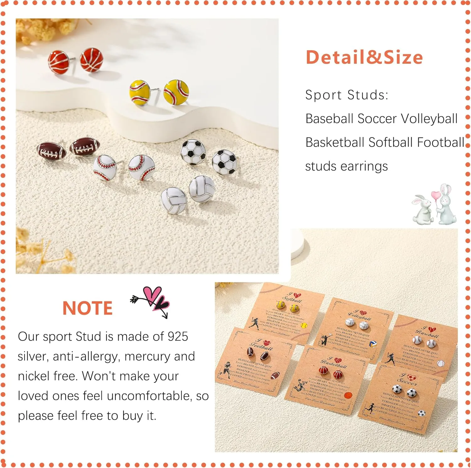 S925 Sterling Sliver Sports Earrings Stud for Teen Girls Kids Baseball/Soccer/Volleyball/Basketball/Softball/Football Hypoallergenic Stud Earrings Game Day Jewelry Gift