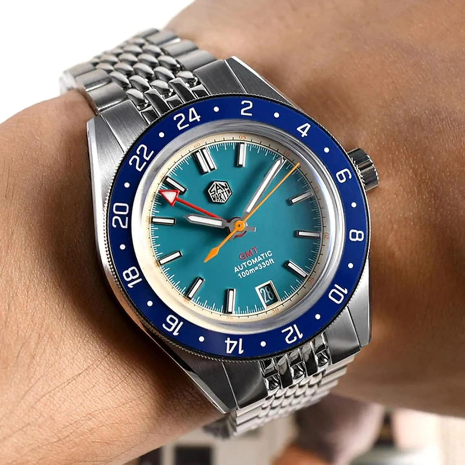San Martin SN0116G Dive Watches for Men NH34 GMT Watch Mechanical Sapphire Mirror Full Luminous 10ATM Waterproof Wristwatch, 39.5MM Stainless Steel