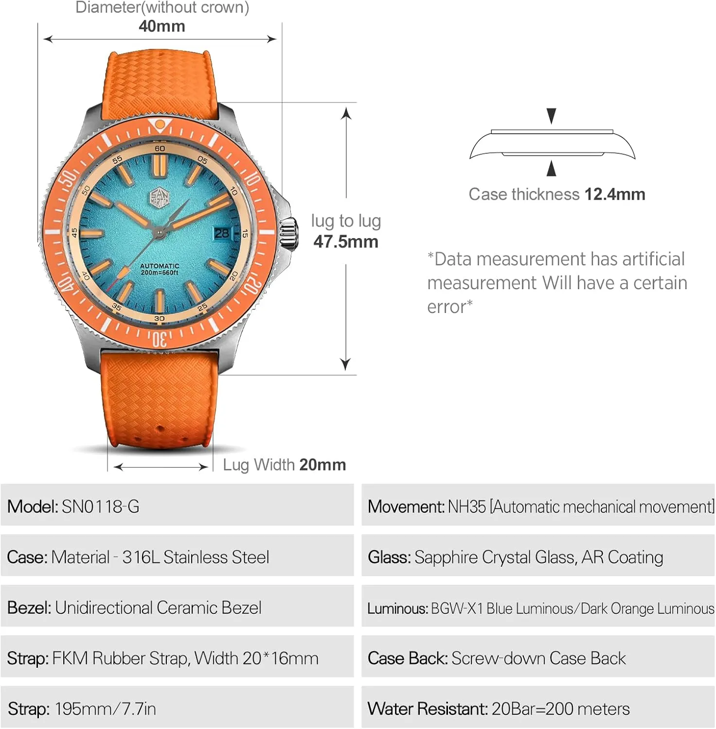 San Martin SN0118 Automatic Watch for Men, 40mm Sapphire Crystal Dive Watches 316L Stainless Steel 200M Water Resistant