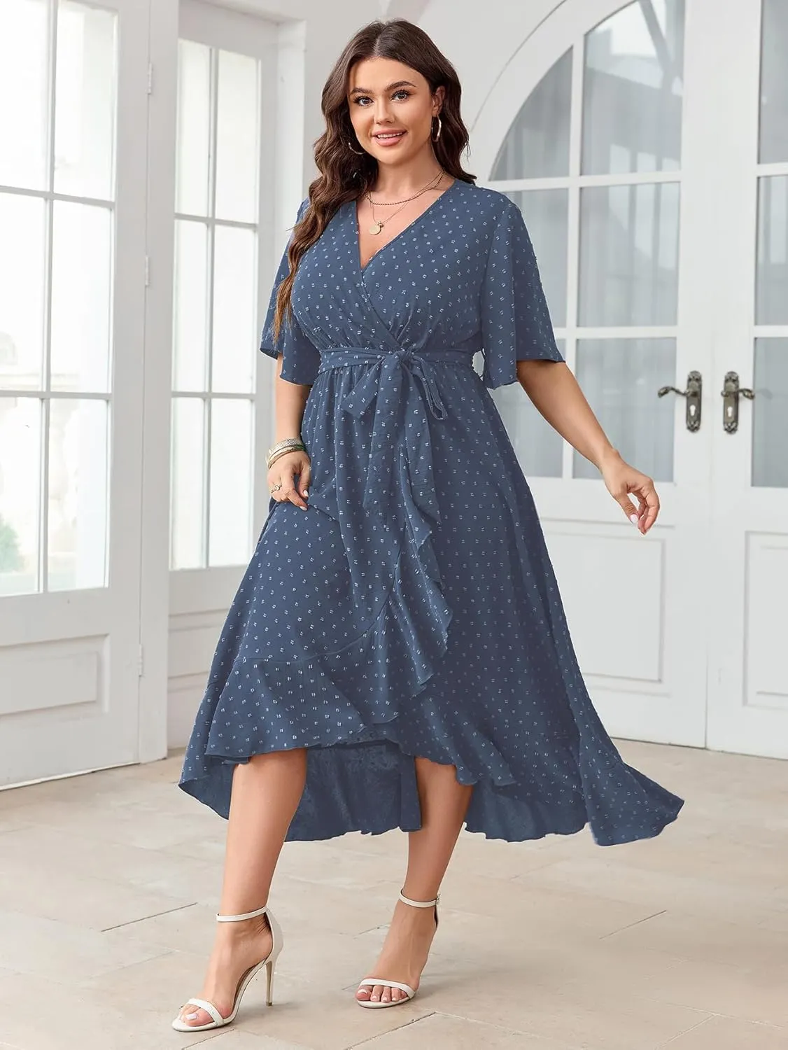 SCOMCHIC Women's Plus Size Summer Dresses Short Sleeve Wrap V Neck Swiss Dot Boho High Low Split Ruffle Maxi Dress