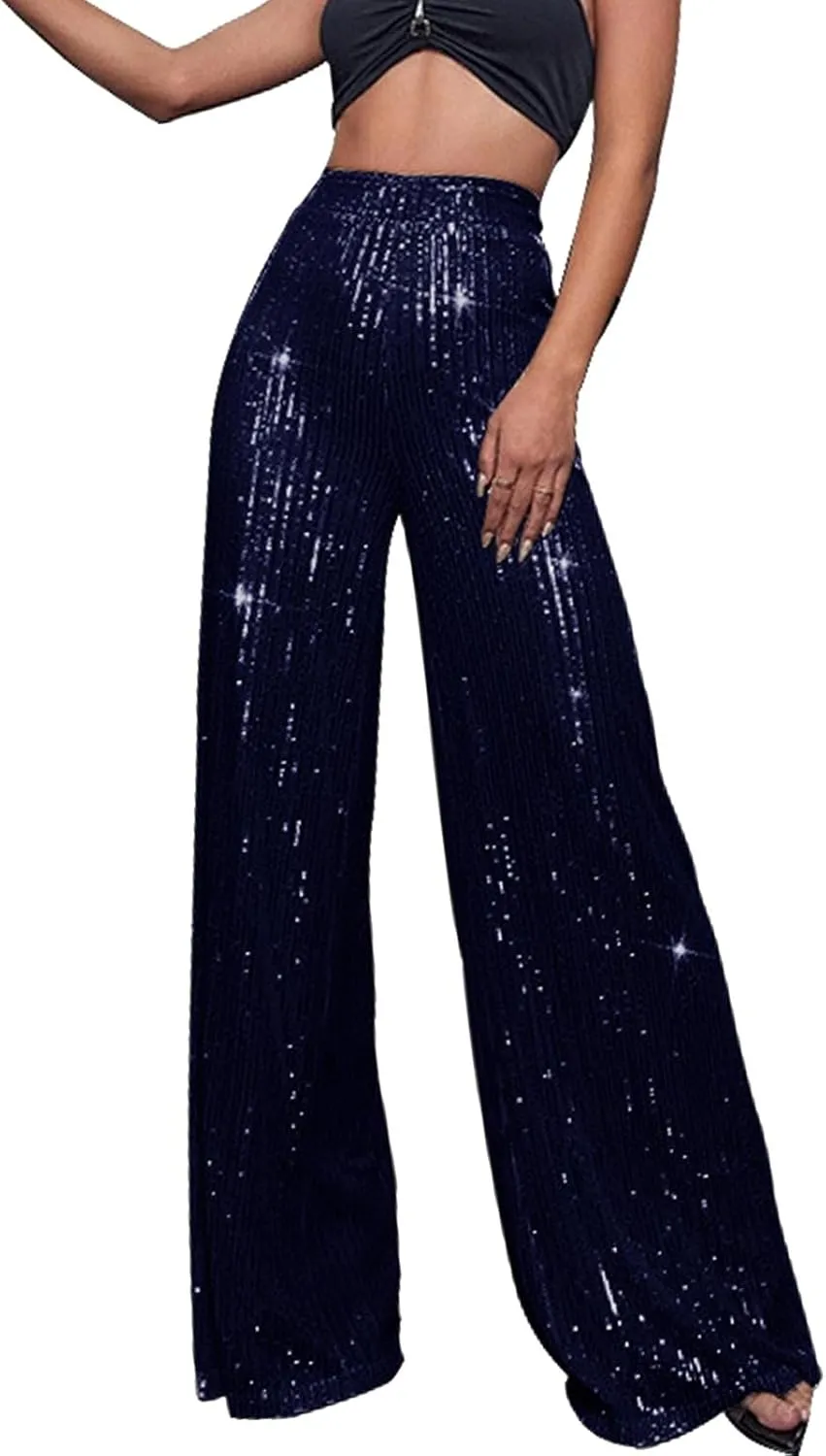 Sequin Pants for Women Ladies Silk High Waist Drape Zip Wide Leg Flared Pants Outfit Clubwear Red Sequin