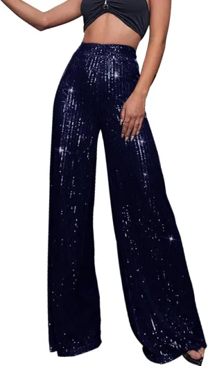 Sequin Pants for Women Ladies Silk High Waist Drape Zip Wide Leg Flared Pants Outfit Clubwear Red Sequin