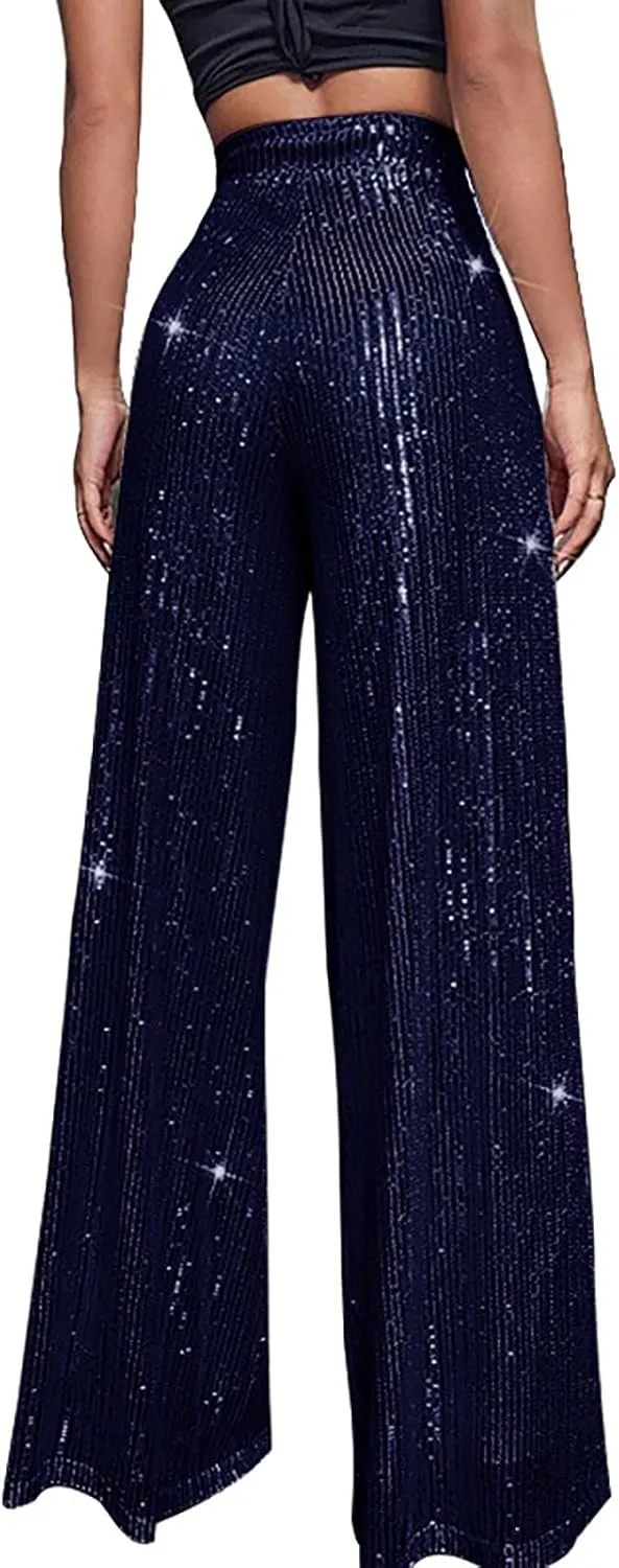 Sequin Pants for Women Ladies Silk High Waist Drape Zip Wide Leg Flared Pants Outfit Clubwear Red Sequin