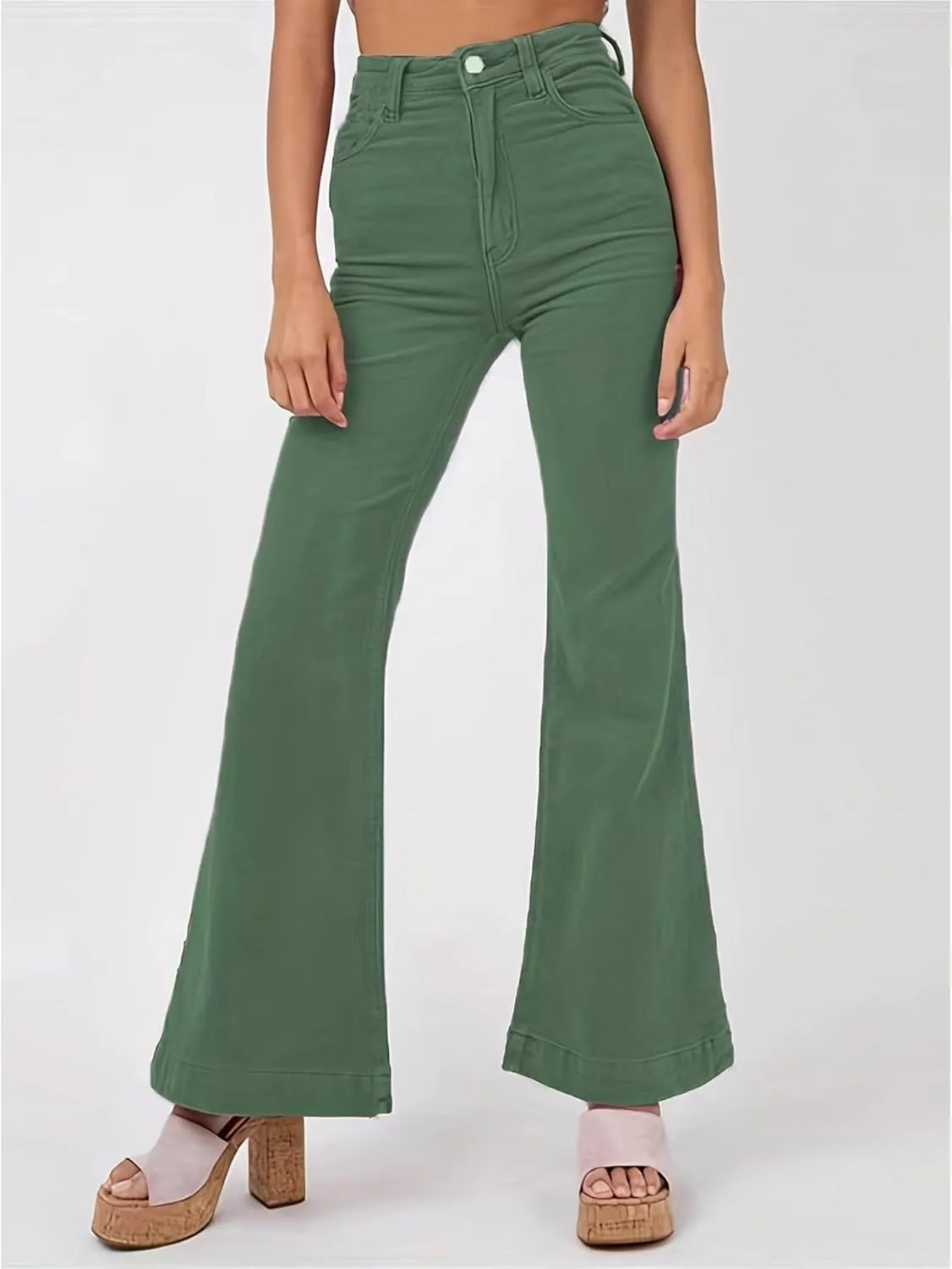 Sexyshine Women's Corduroy Flared Bell Bottom Pants High Waist Solid Color Long Wide Leg Trousers with Pockets