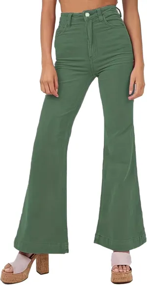 Sexyshine Women's Corduroy Flared Bell Bottom Pants High Waist Solid Color Long Wide Leg Trousers with Pockets