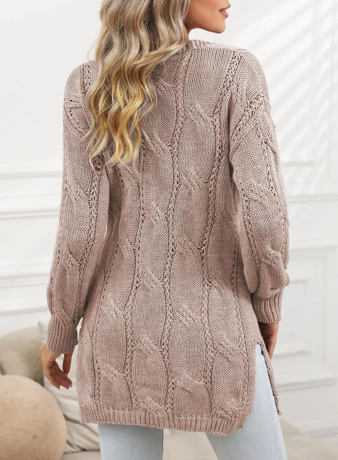 SHEWIN Women Open Front Side Slit 2024 Long Sleeve Oversized Cardigan Sweaters Knit Coats with Pockrts