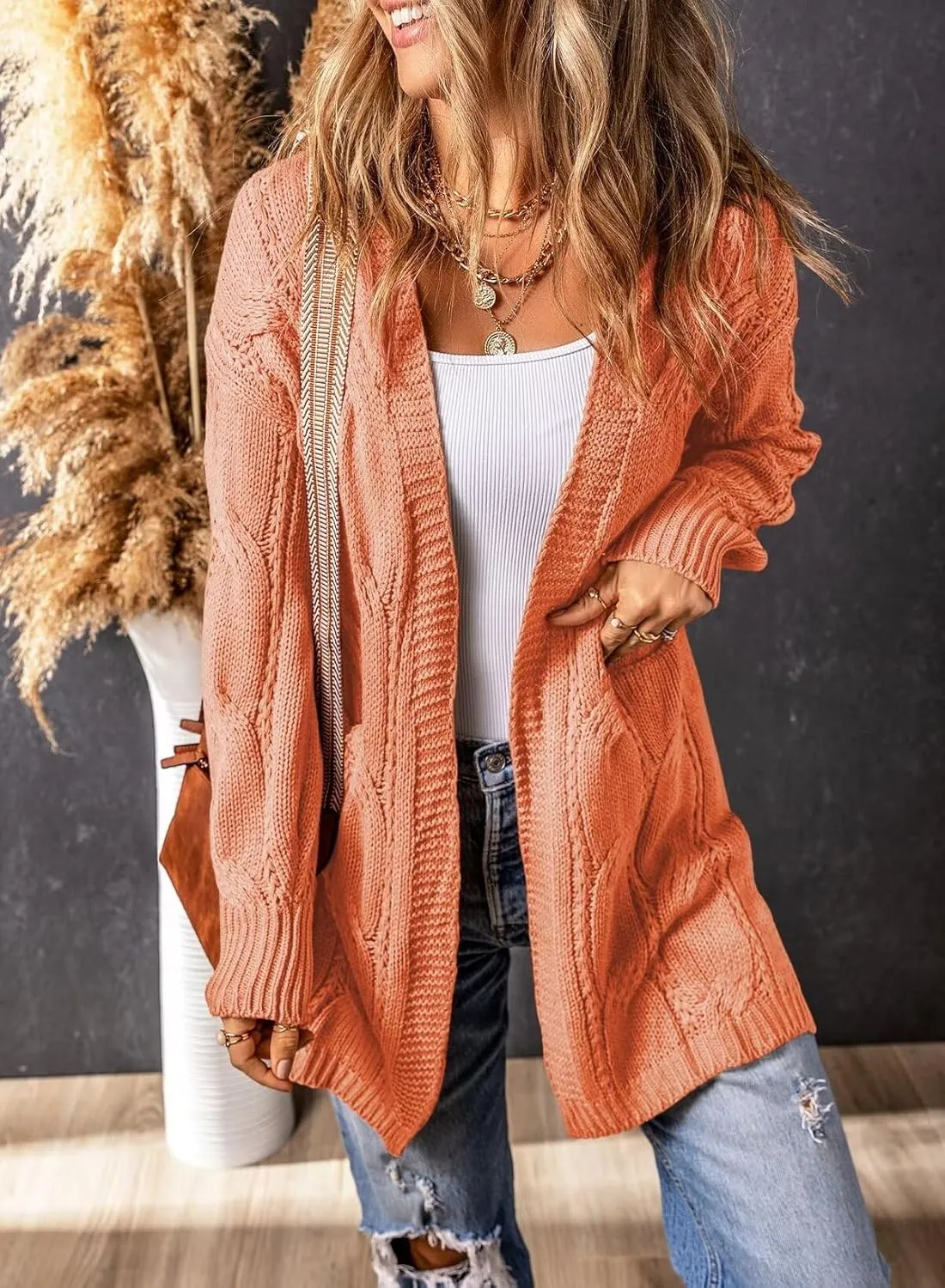 SHEWIN Women Open Front Side Slit 2024 Long Sleeve Oversized Cardigan Sweaters Knit Coats with Pockrts