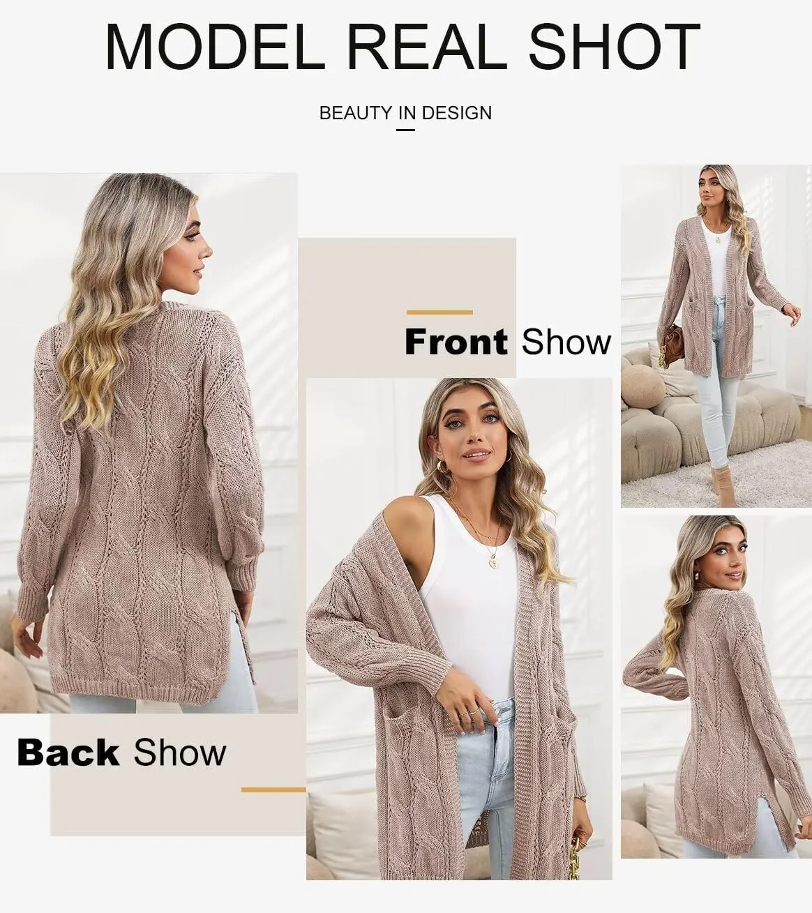 SHEWIN Women Open Front Side Slit 2024 Long Sleeve Oversized Cardigan Sweaters Knit Coats with Pockrts