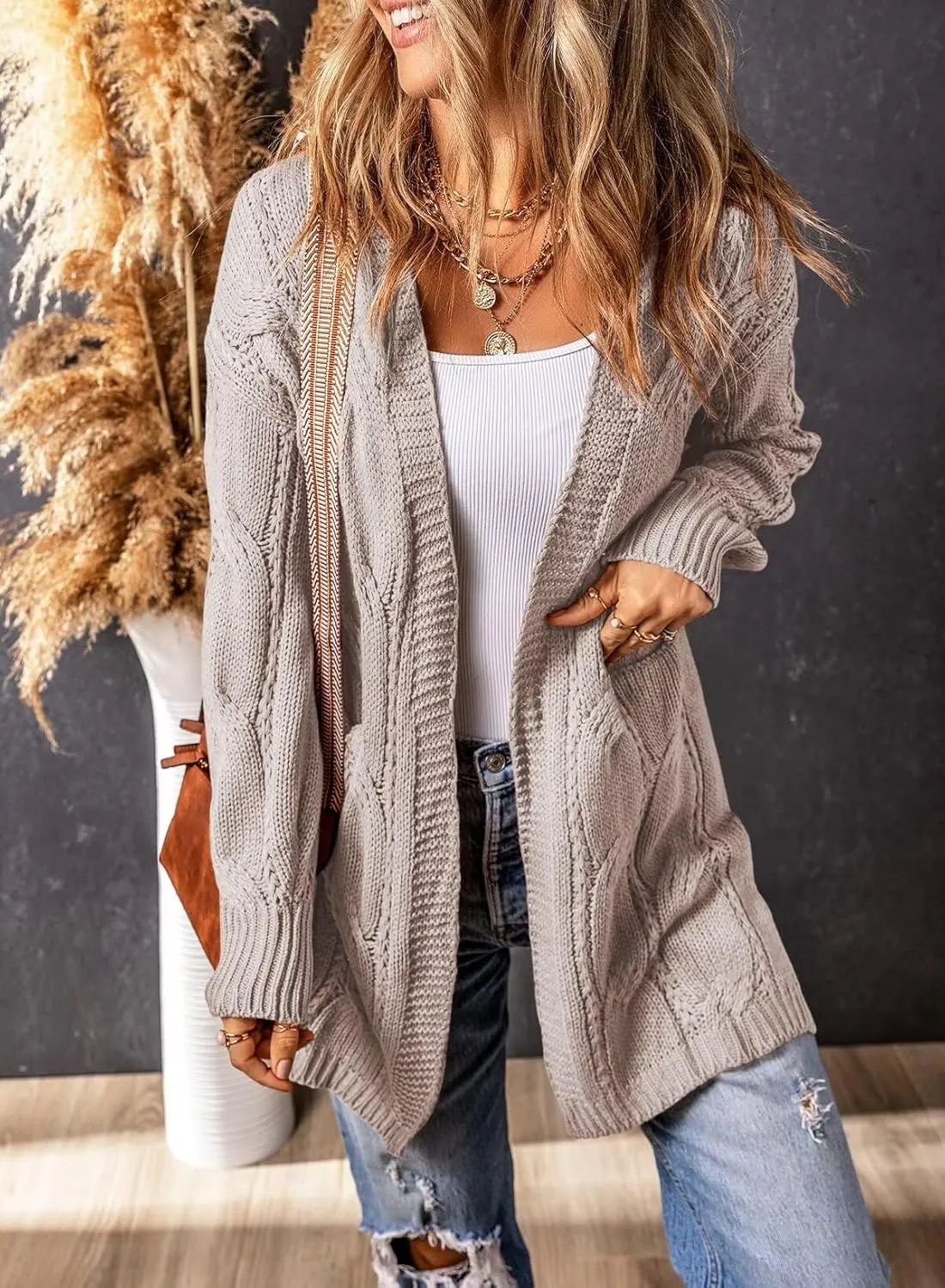 SHEWIN Women Open Front Side Slit 2024 Long Sleeve Oversized Cardigan Sweaters Knit Coats with Pockrts