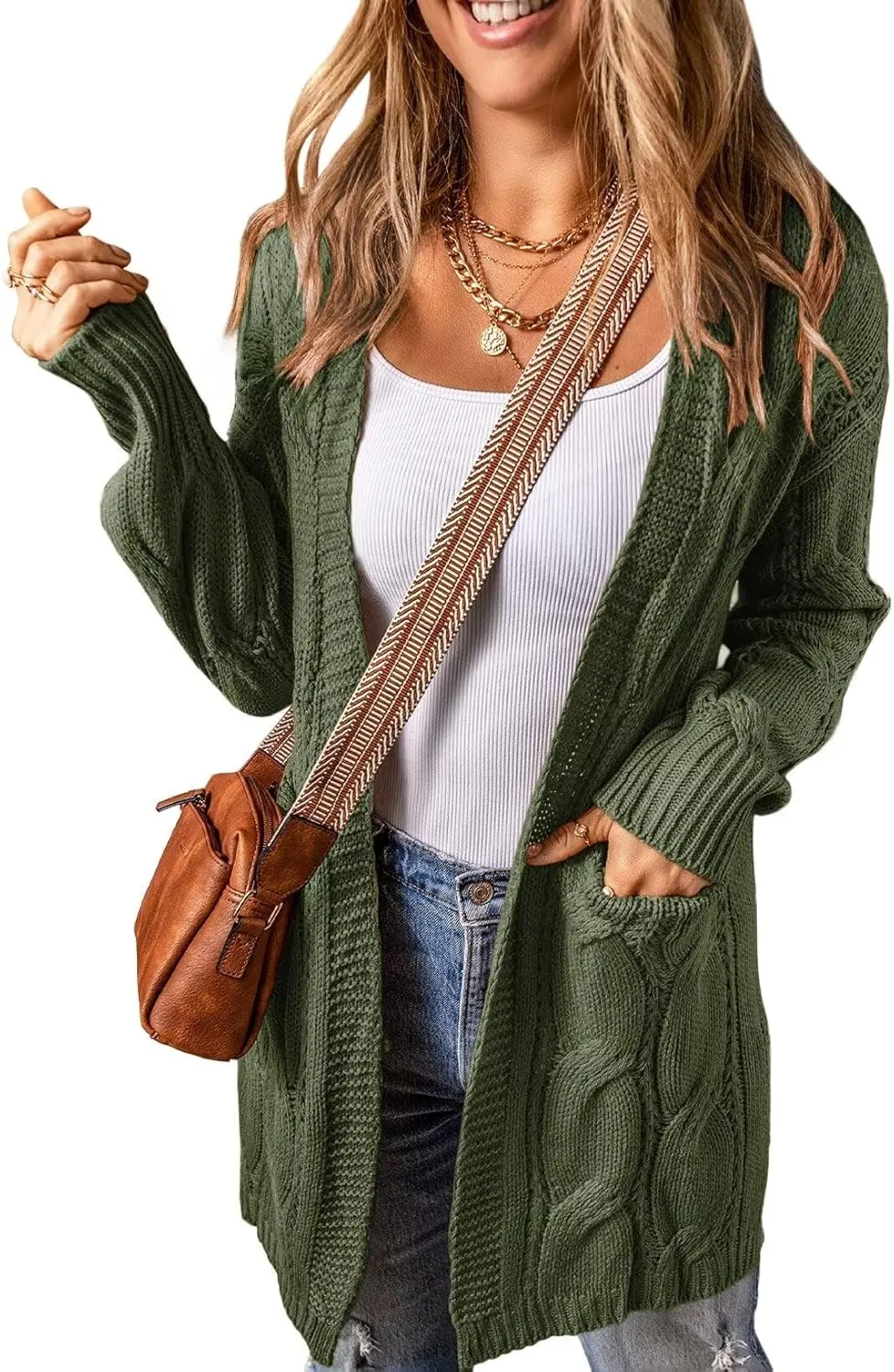 SHEWIN Women Open Front Side Slit 2024 Long Sleeve Oversized Cardigan Sweaters Knit Coats with Pockrts