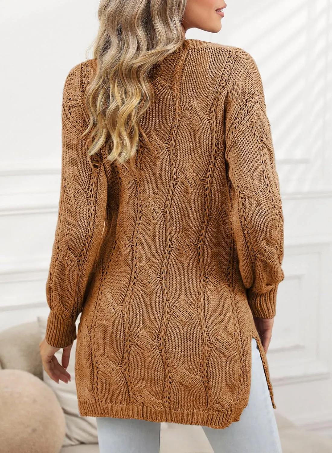 SHEWIN Women Open Front Side Slit 2024 Long Sleeve Oversized Cardigan Sweaters Knit Coats with Pockrts