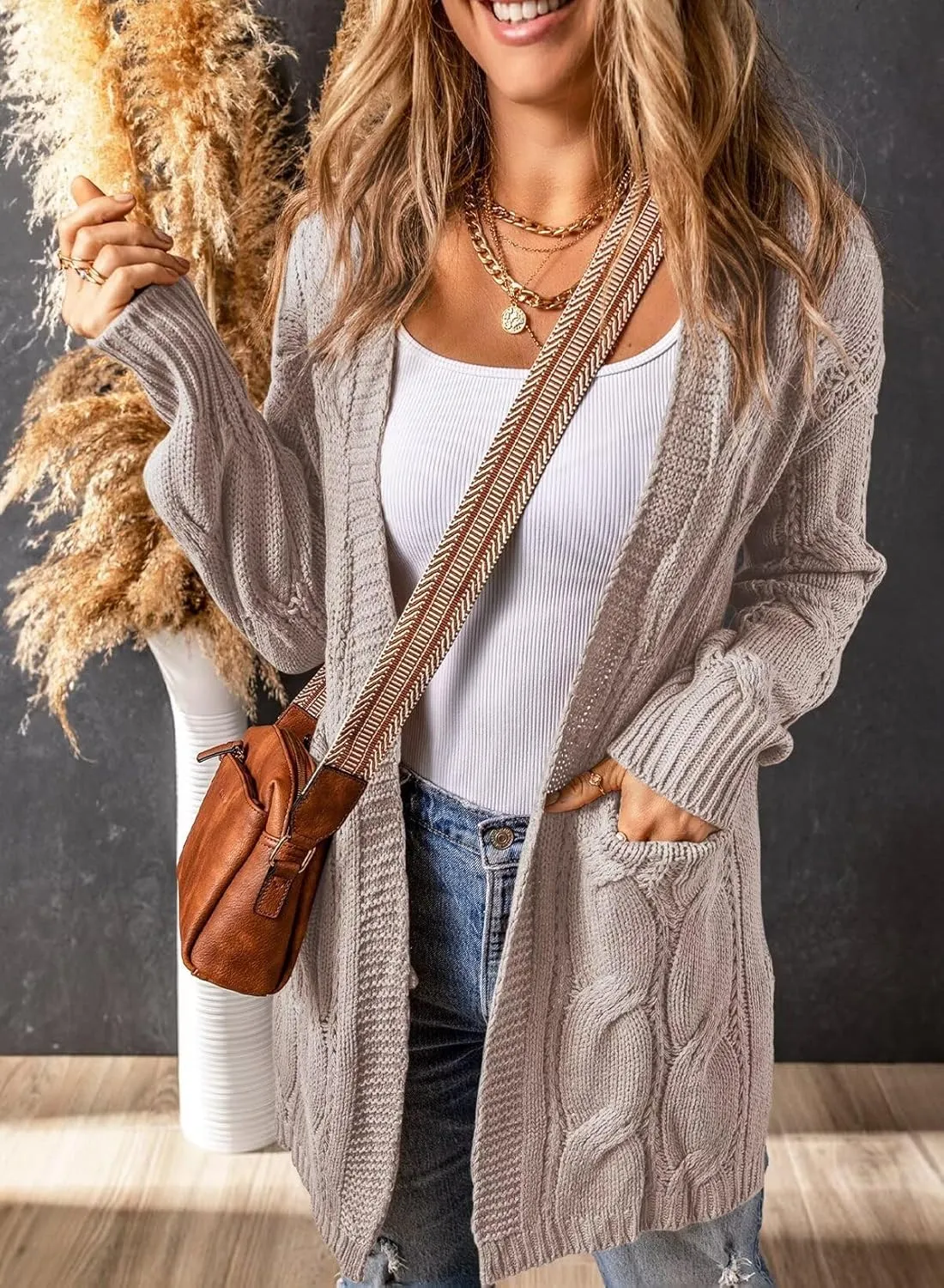 SHEWIN Women Open Front Side Slit 2024 Long Sleeve Oversized Cardigan Sweaters Knit Coats with Pockrts
