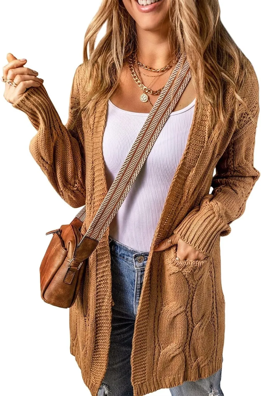 SHEWIN Women Open Front Side Slit 2024 Long Sleeve Oversized Cardigan Sweaters Knit Coats with Pockrts