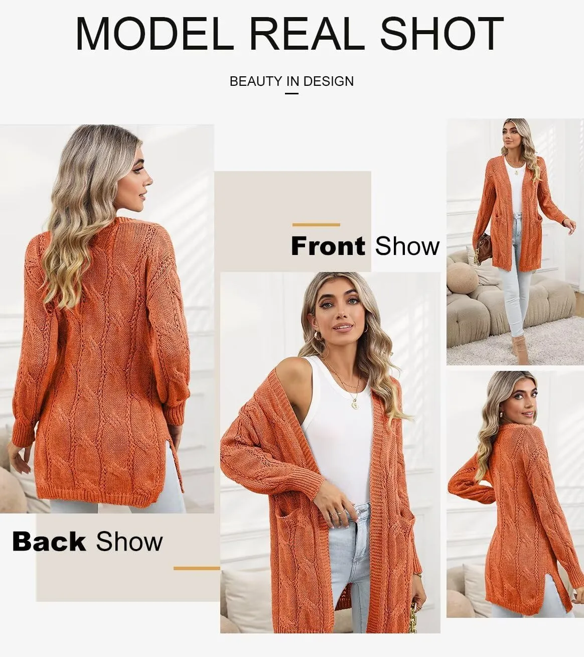 SHEWIN Women Open Front Side Slit 2024 Long Sleeve Oversized Cardigan Sweaters Knit Coats with Pockrts