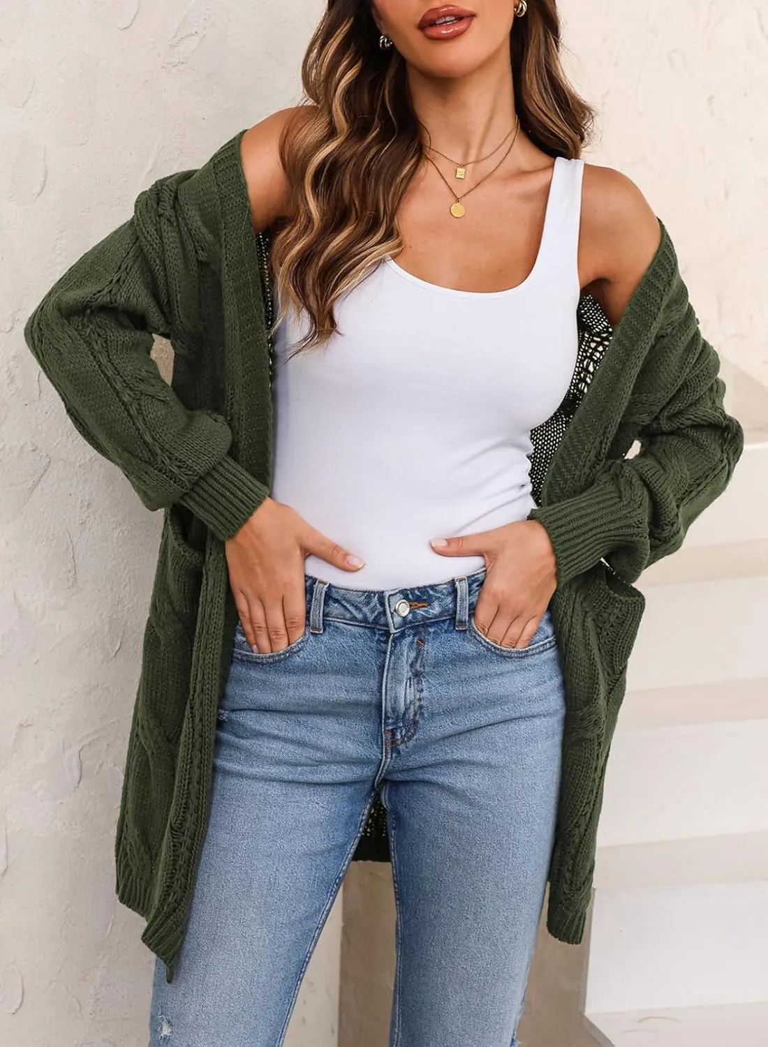 SHEWIN Women Open Front Side Slit 2024 Long Sleeve Oversized Cardigan Sweaters Knit Coats with Pockrts