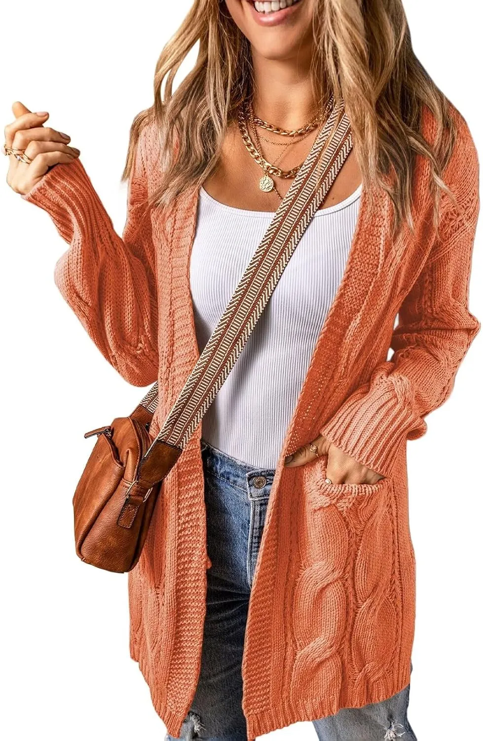 SHEWIN Women Open Front Side Slit 2024 Long Sleeve Oversized Cardigan Sweaters Knit Coats with Pockrts