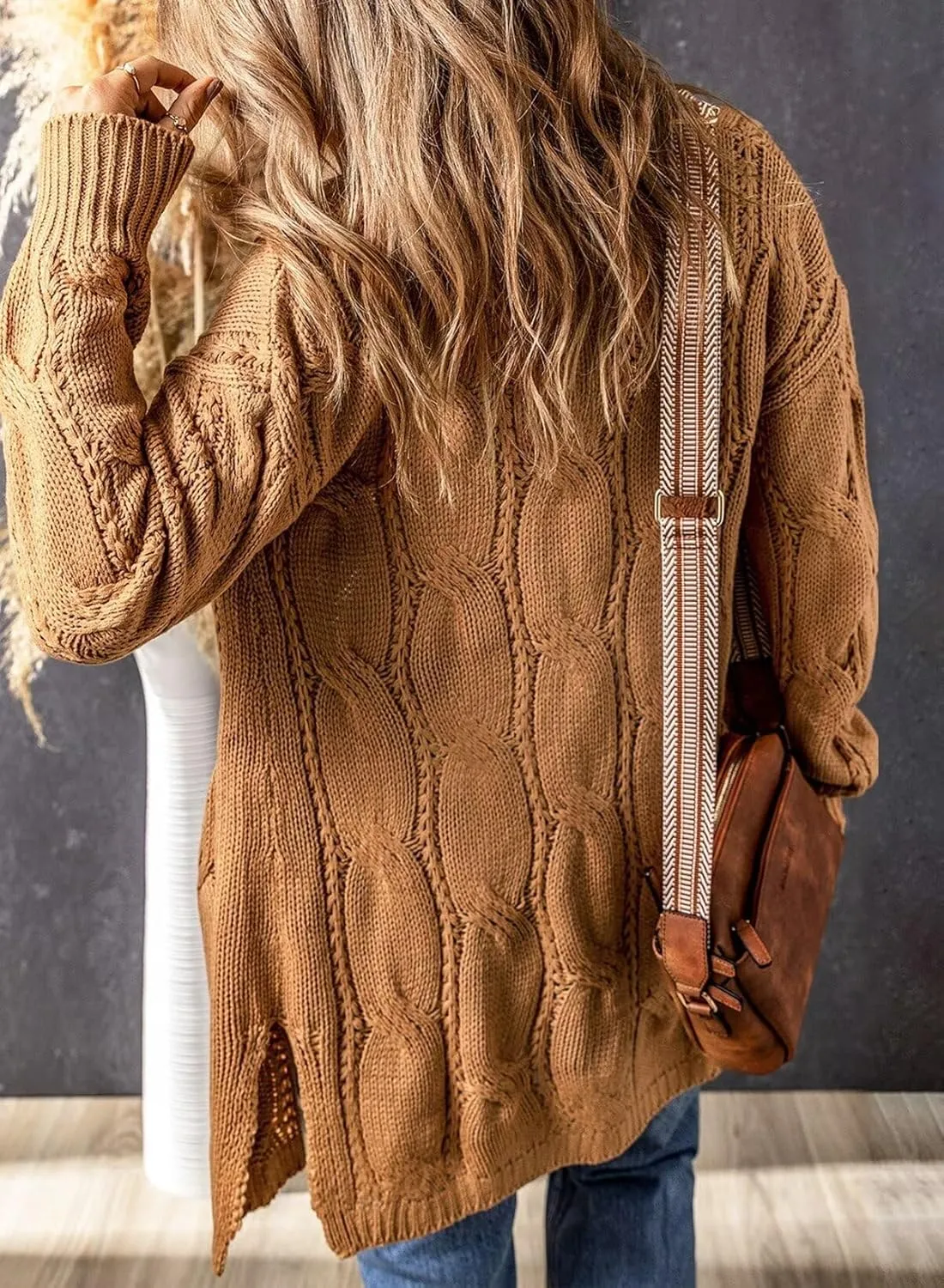 SHEWIN Women Open Front Side Slit 2024 Long Sleeve Oversized Cardigan Sweaters Knit Coats with Pockrts