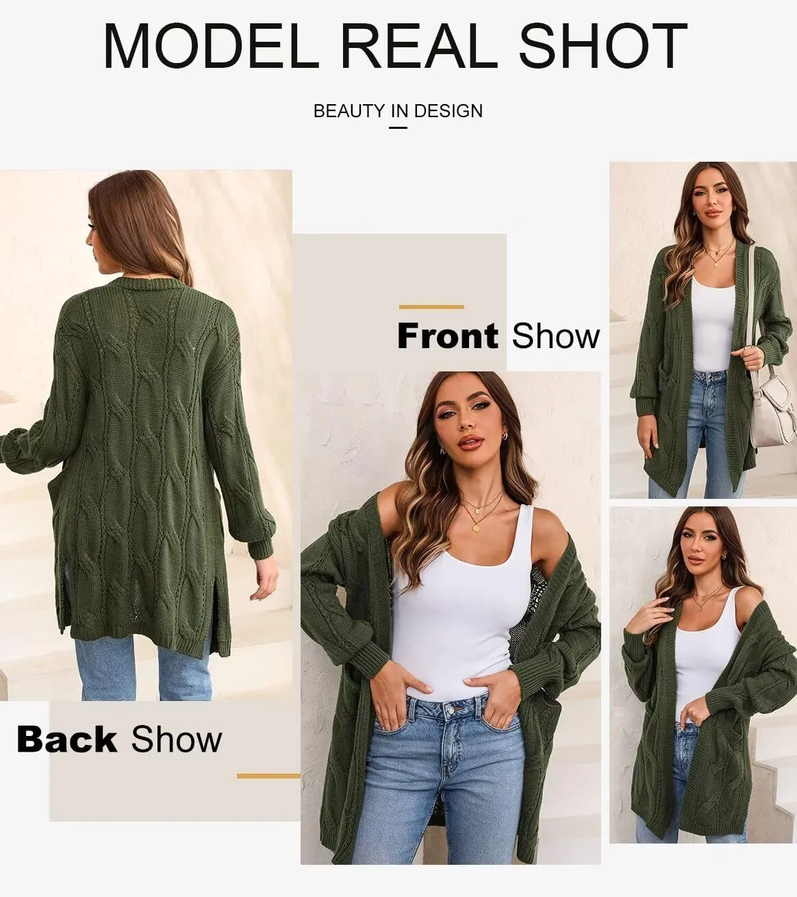SHEWIN Women Open Front Side Slit 2024 Long Sleeve Oversized Cardigan Sweaters Knit Coats with Pockrts