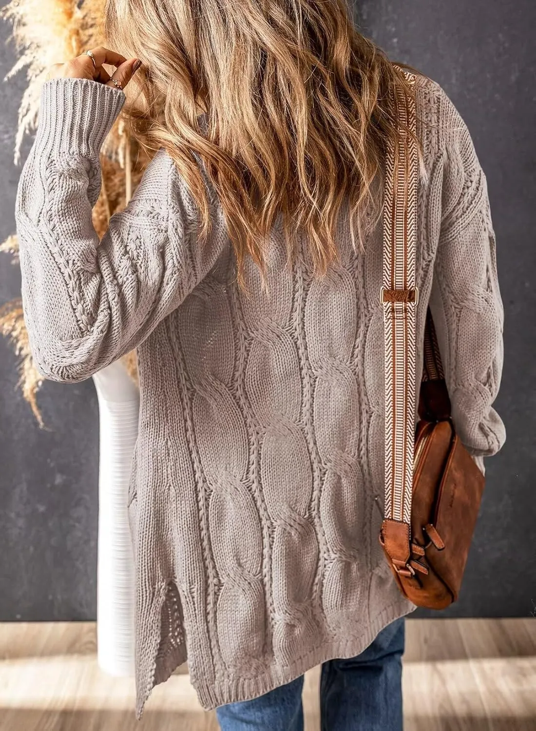 SHEWIN Women Open Front Side Slit 2024 Long Sleeve Oversized Cardigan Sweaters Knit Coats with Pockrts