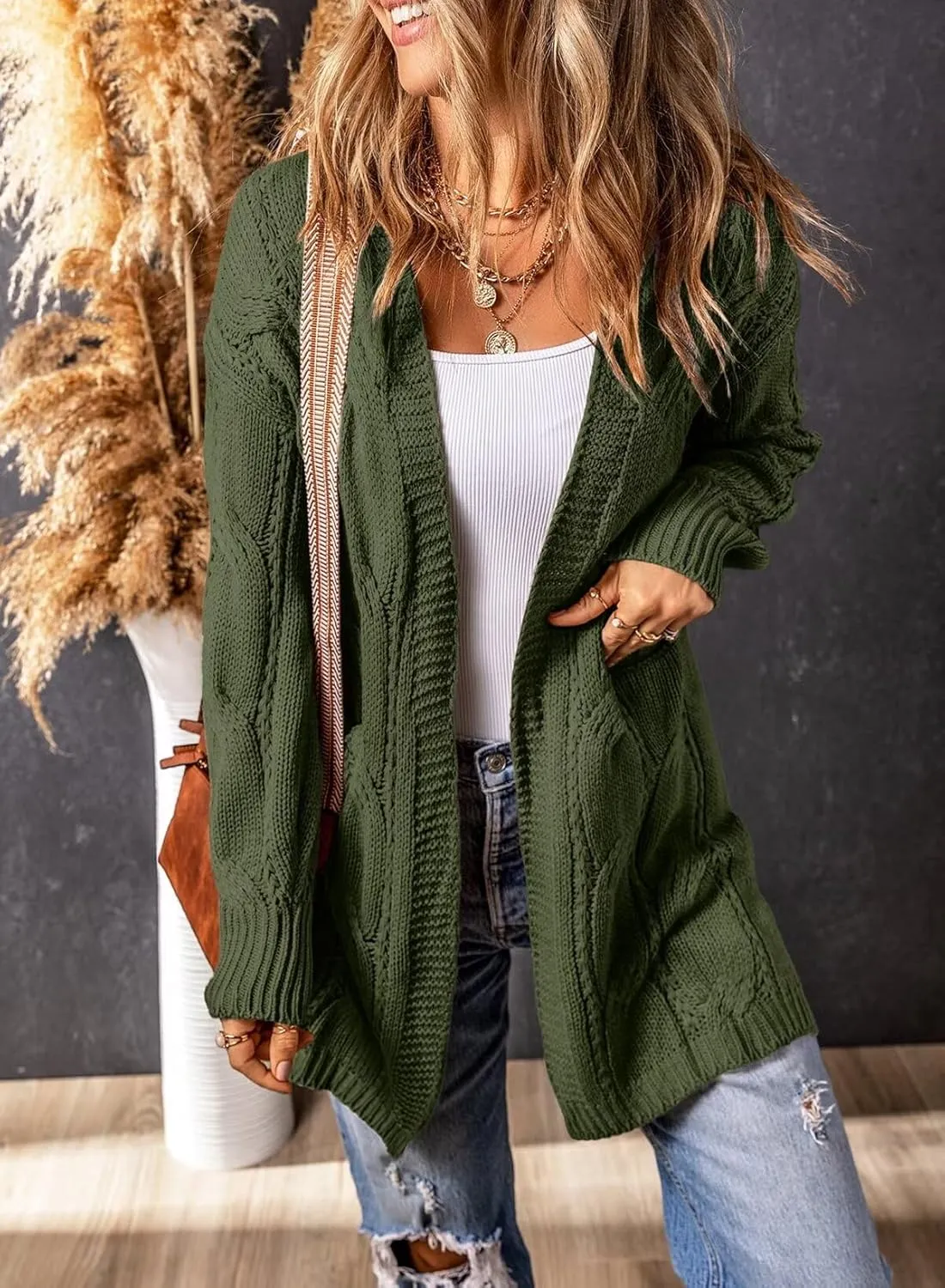 SHEWIN Women Open Front Side Slit 2024 Long Sleeve Oversized Cardigan Sweaters Knit Coats with Pockrts