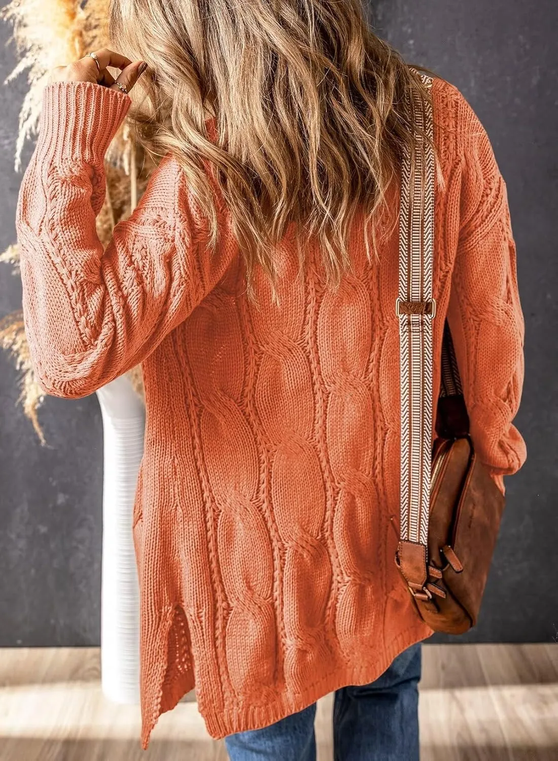SHEWIN Women Open Front Side Slit 2024 Long Sleeve Oversized Cardigan Sweaters Knit Coats with Pockrts