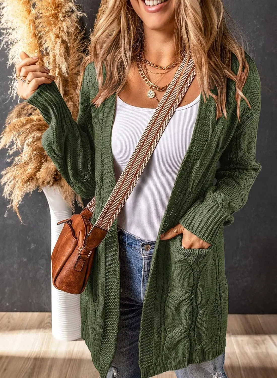 SHEWIN Women Open Front Side Slit 2024 Long Sleeve Oversized Cardigan Sweaters Knit Coats with Pockrts