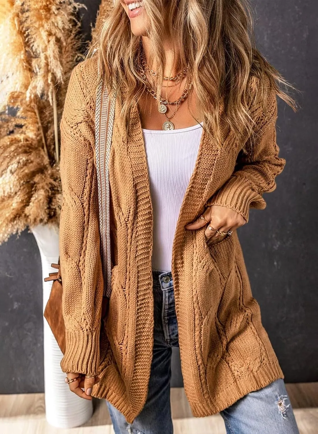 SHEWIN Women Open Front Side Slit 2024 Long Sleeve Oversized Cardigan Sweaters Knit Coats with Pockrts