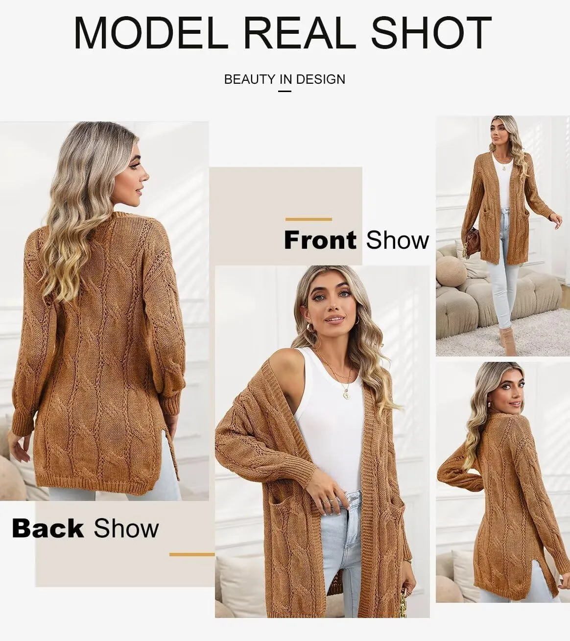 SHEWIN Women Open Front Side Slit 2024 Long Sleeve Oversized Cardigan Sweaters Knit Coats with Pockrts