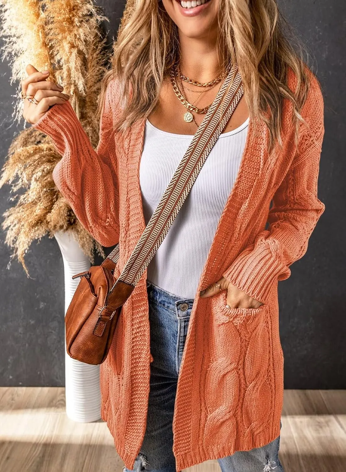 SHEWIN Women Open Front Side Slit 2024 Long Sleeve Oversized Cardigan Sweaters Knit Coats with Pockrts