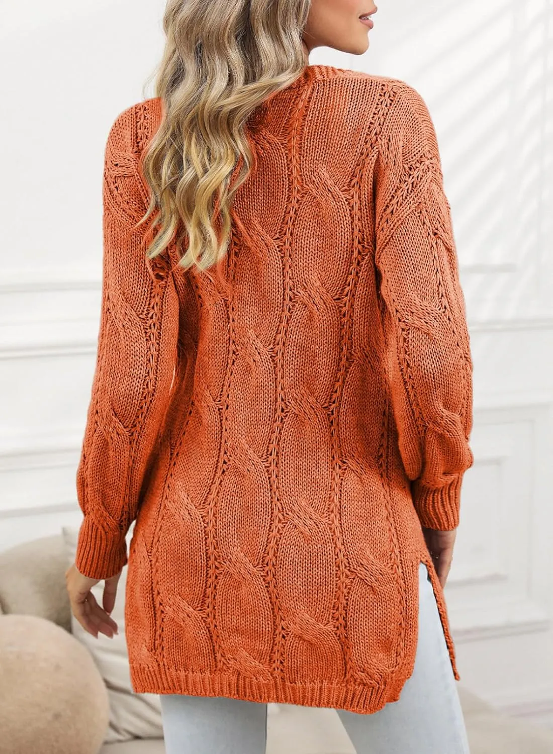 SHEWIN Women Open Front Side Slit 2024 Long Sleeve Oversized Cardigan Sweaters Knit Coats with Pockrts