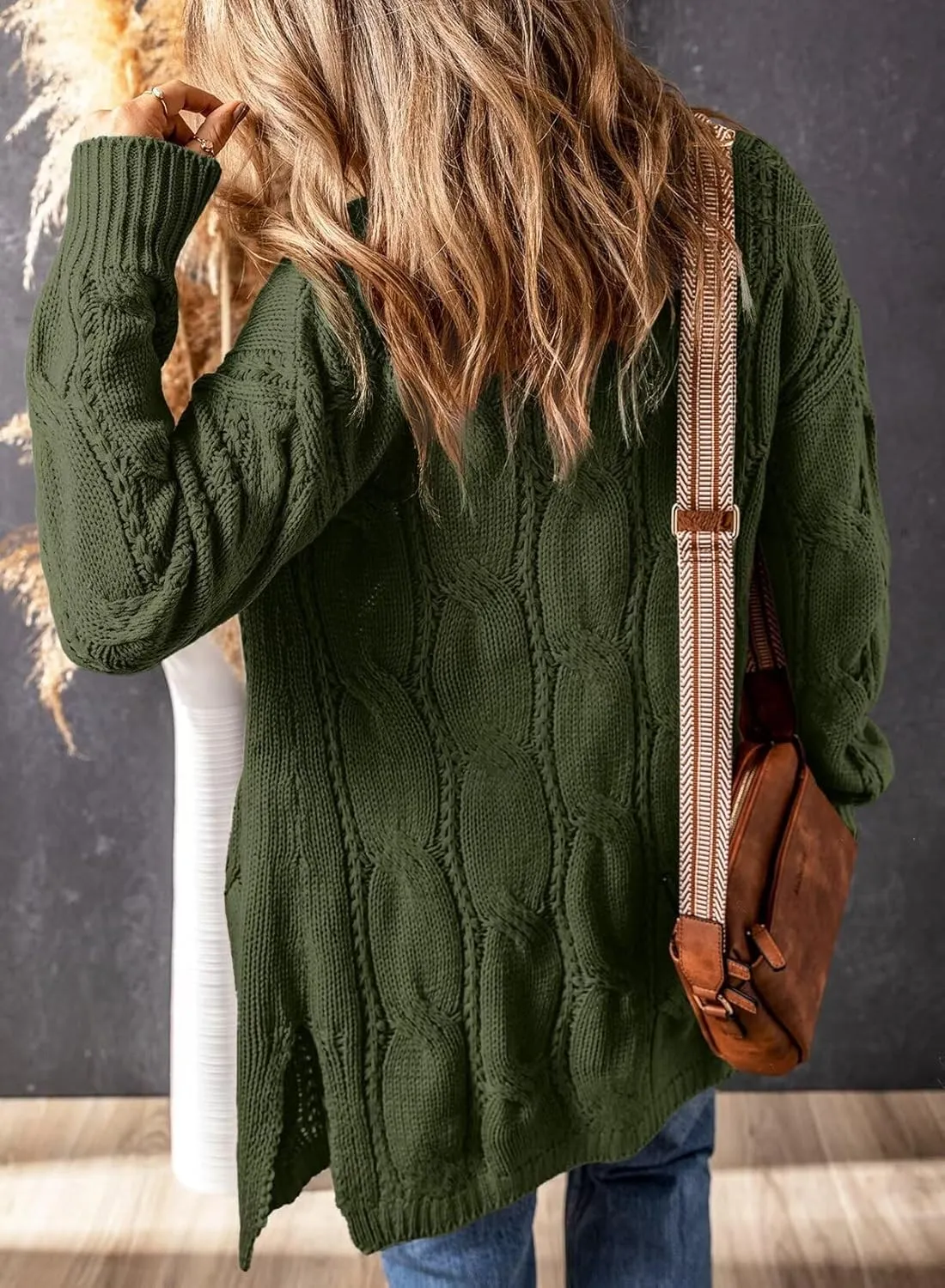 SHEWIN Women Open Front Side Slit 2024 Long Sleeve Oversized Cardigan Sweaters Knit Coats with Pockrts