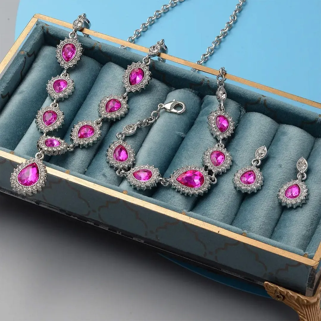 Shop LC Costume Jewelry Set for Women Teardrop Necklace Bracelet Earrings Crystal Bridal Wedding Jewelry Sets for Brides Bridal Necklace 20" & Bracelet 7.5'' Birthday Gifts