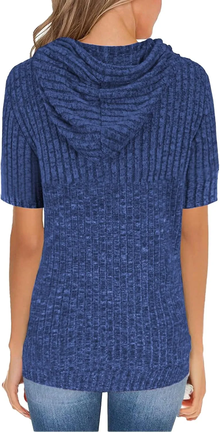Short Sleeve Hoodies for Women Pullover Oversized Sweatshirts Trendy Casual Shirts Tunic Tops with Kangaroo Pocket