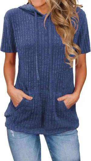 Short Sleeve Hoodies for Women Pullover Oversized Sweatshirts Trendy Casual Shirts Tunic Tops with Kangaroo Pocket