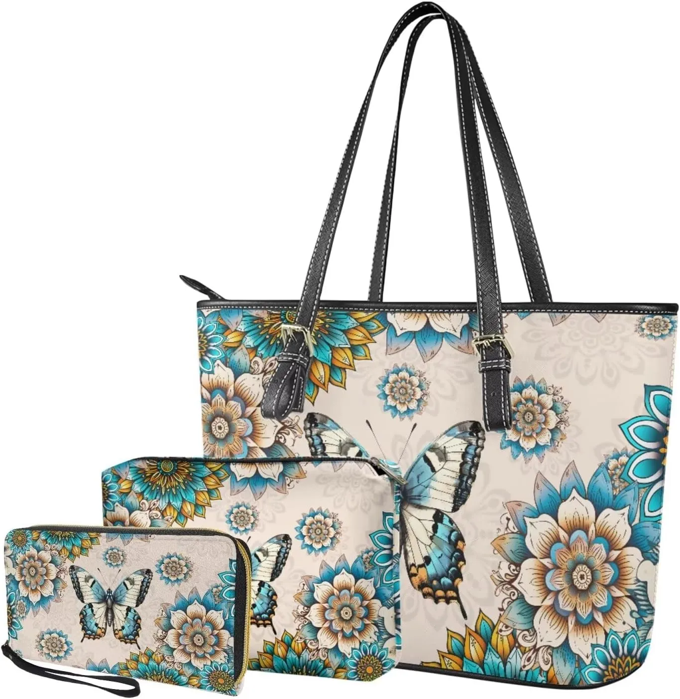 Shoulder Bag Set Leather Tote Handbags with Portable Makeup Bag and Wristlet Wallet for Women, 3 Pieces