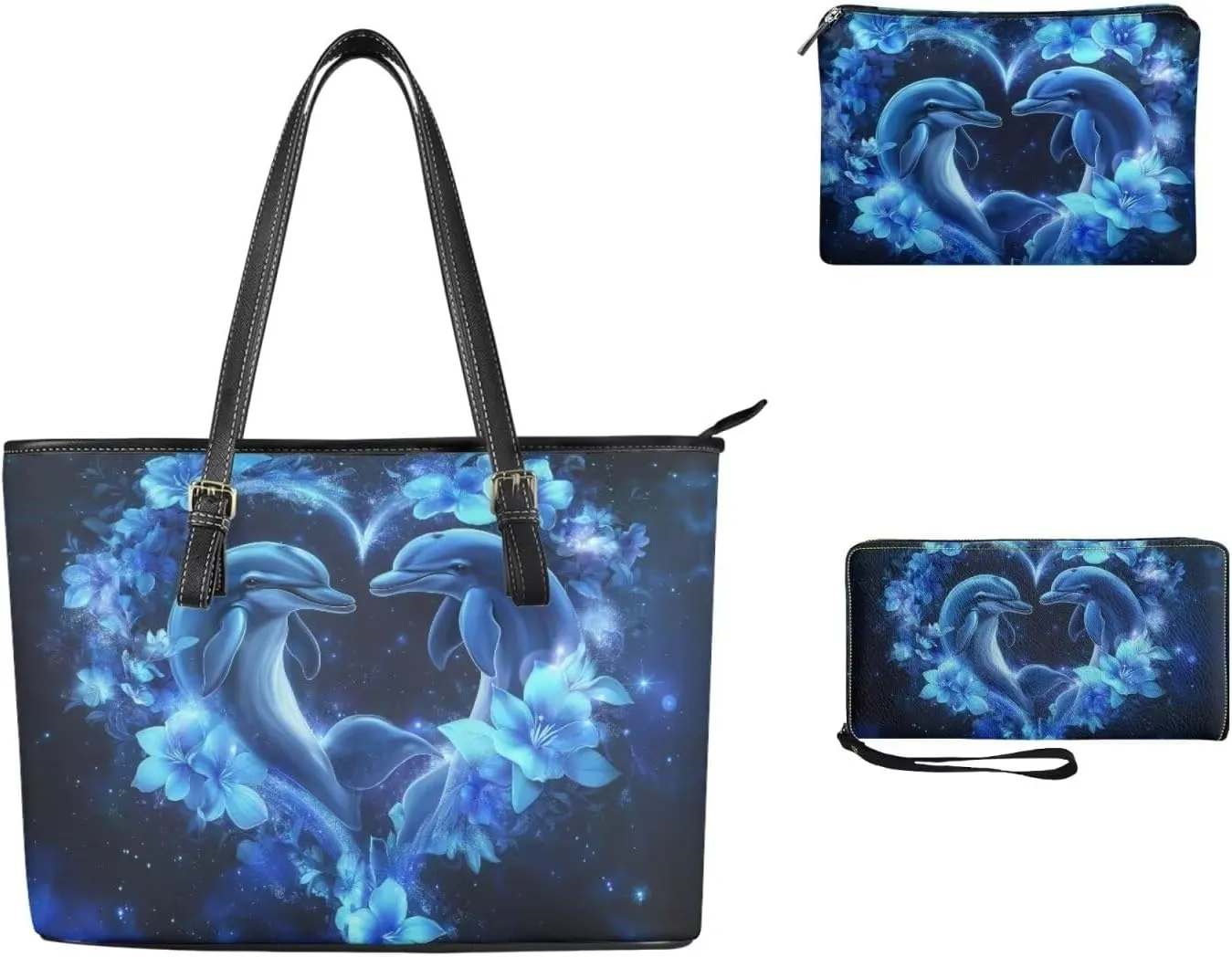 Shoulder Bag Set Leather Tote Handbags with Portable Makeup Bag and Wristlet Wallet for Women, 3 Pieces