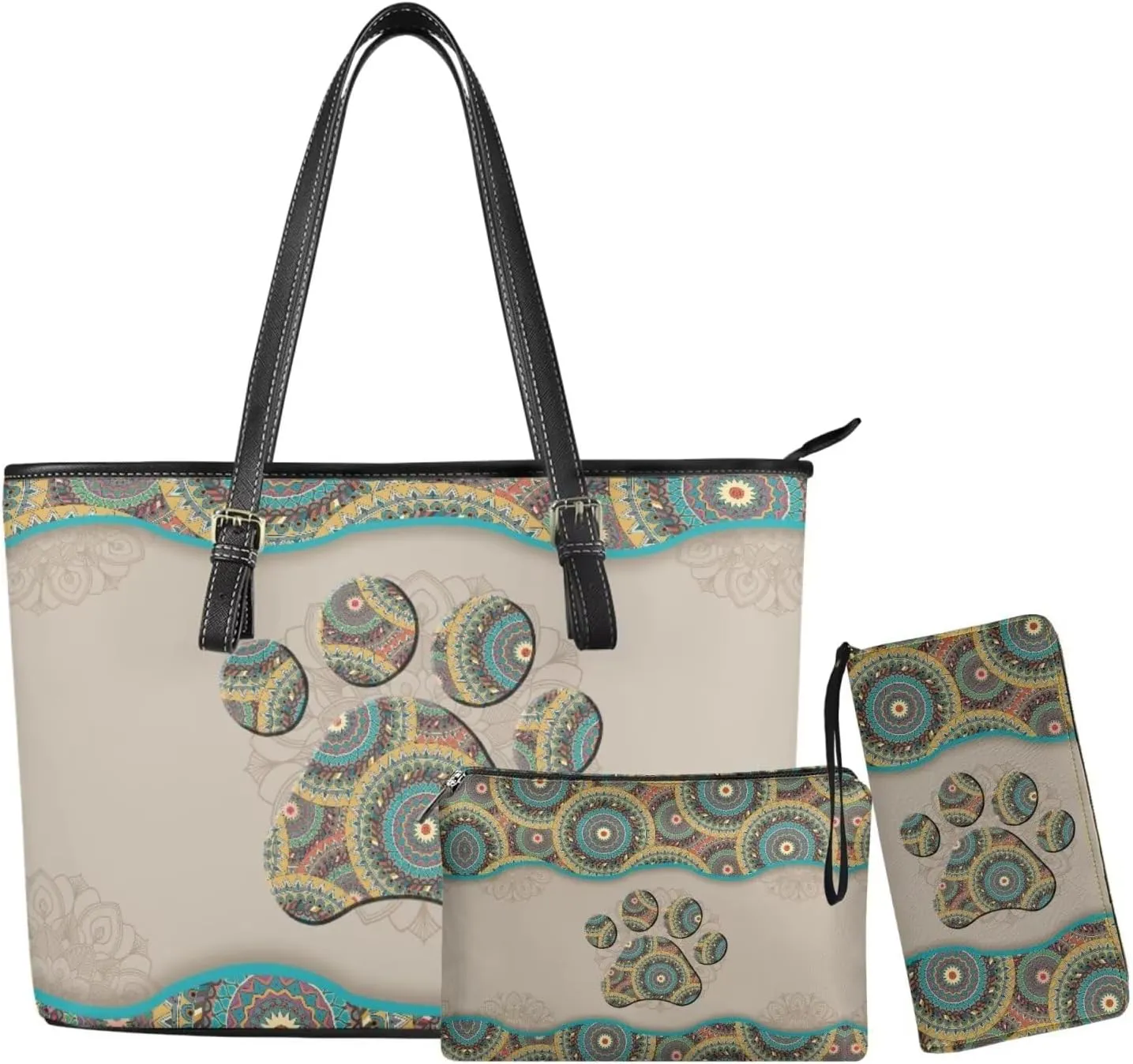 Shoulder Bag Set Leather Tote Handbags with Portable Makeup Bag and Wristlet Wallet for Women, 3 Pieces