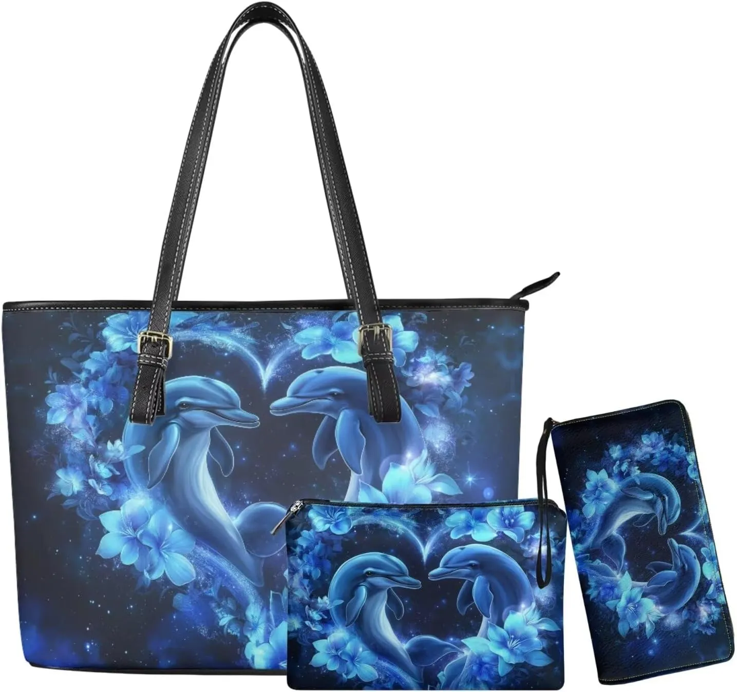 Shoulder Bag Set Leather Tote Handbags with Portable Makeup Bag and Wristlet Wallet for Women, 3 Pieces