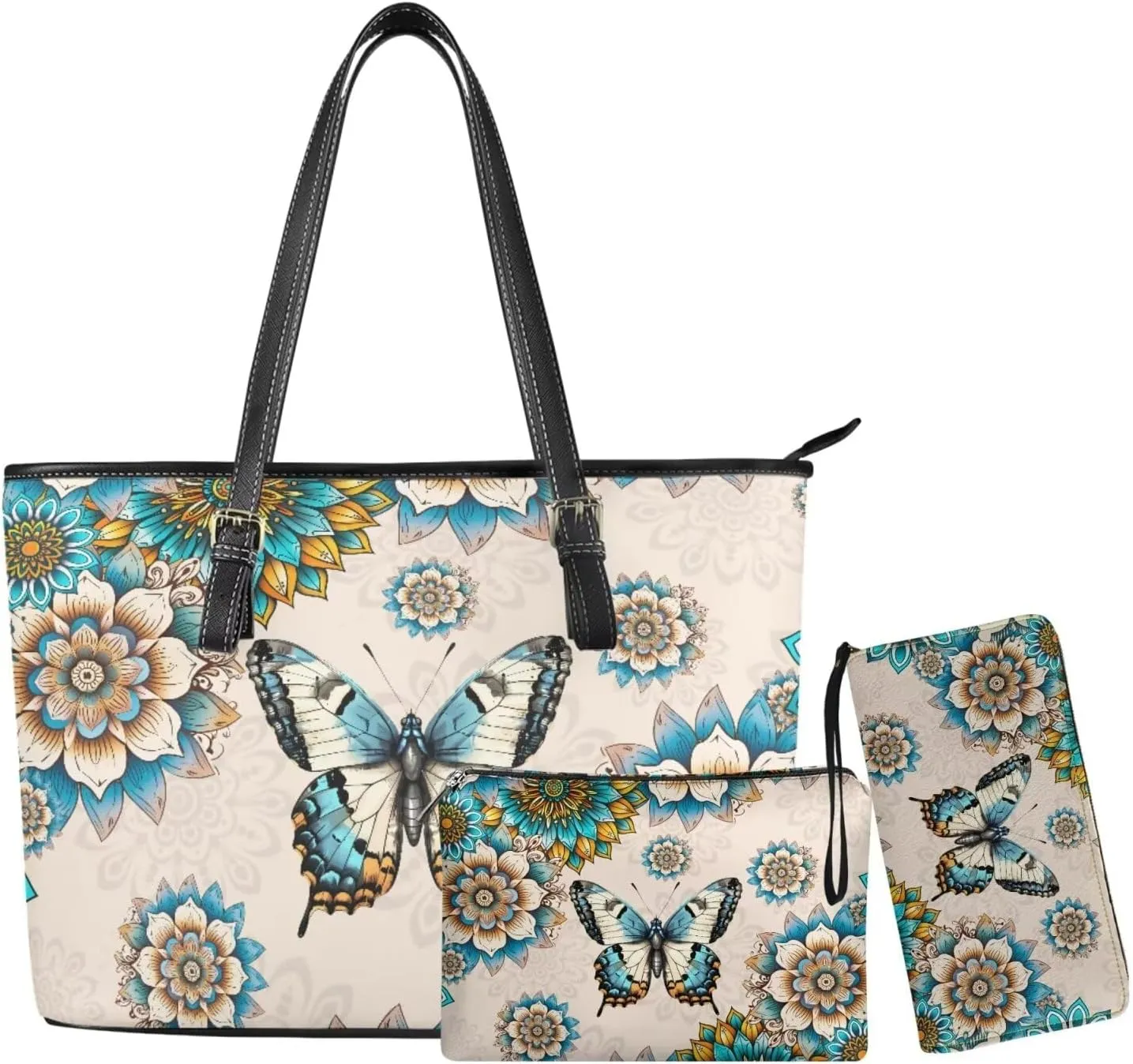 Shoulder Bag Set Leather Tote Handbags with Portable Makeup Bag and Wristlet Wallet for Women, 3 Pieces