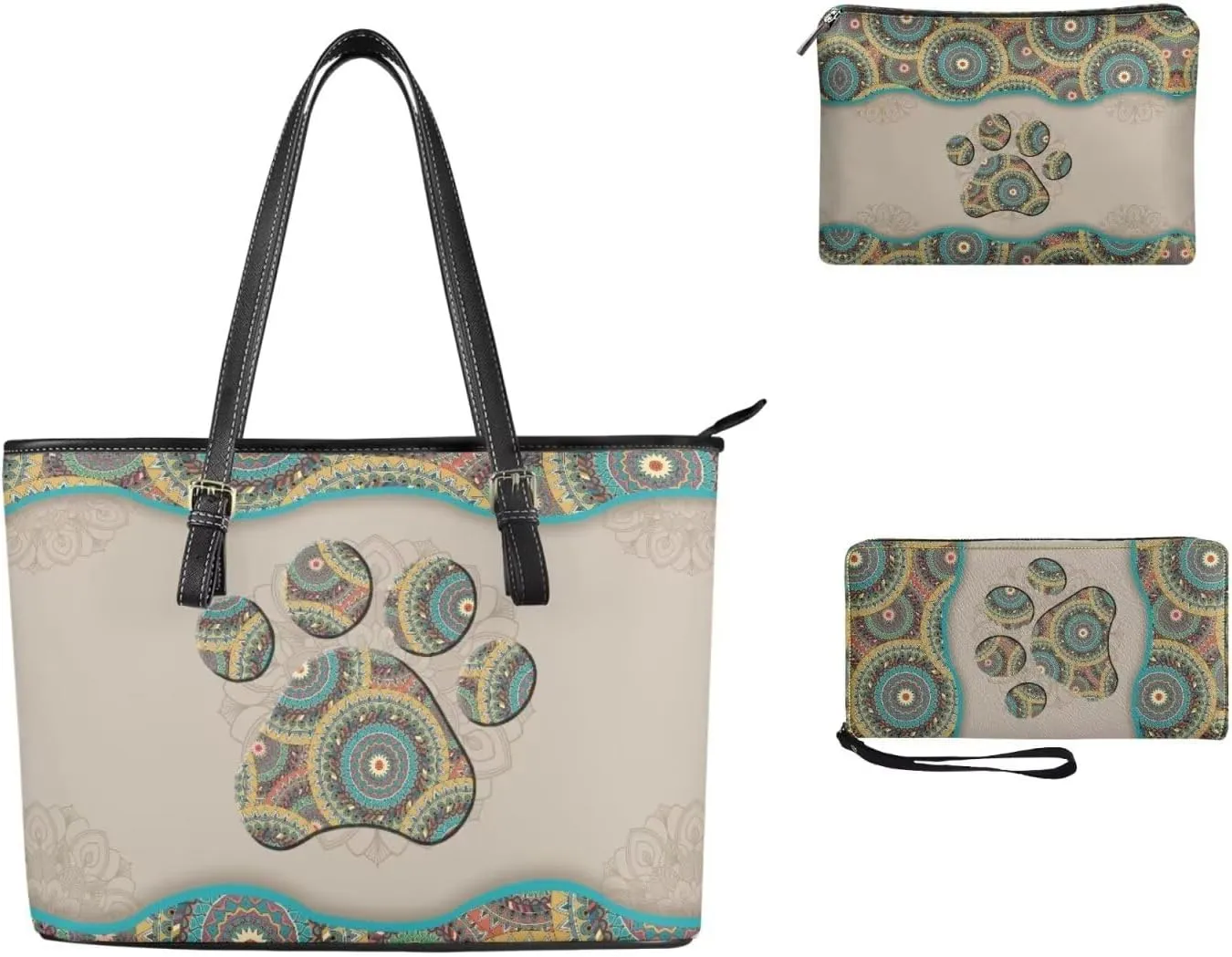Shoulder Bag Set Leather Tote Handbags with Portable Makeup Bag and Wristlet Wallet for Women, 3 Pieces
