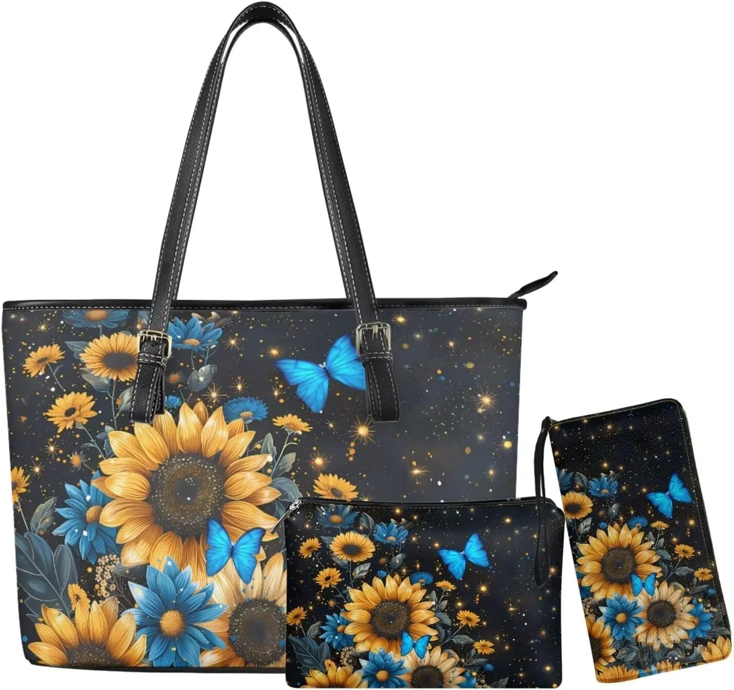 Shoulder Bag Set Leather Tote Handbags with Portable Makeup Bag and Wristlet Wallet for Women, 3 Pieces