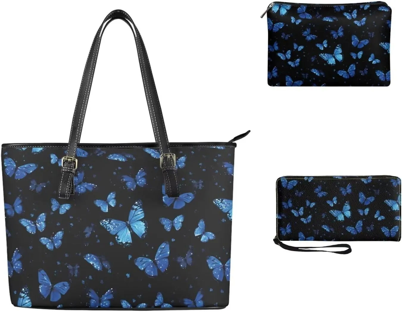 Shoulder Bag Set Leather Tote Handbags with Portable Makeup Bag and Wristlet Wallet for Women, 3 Pieces