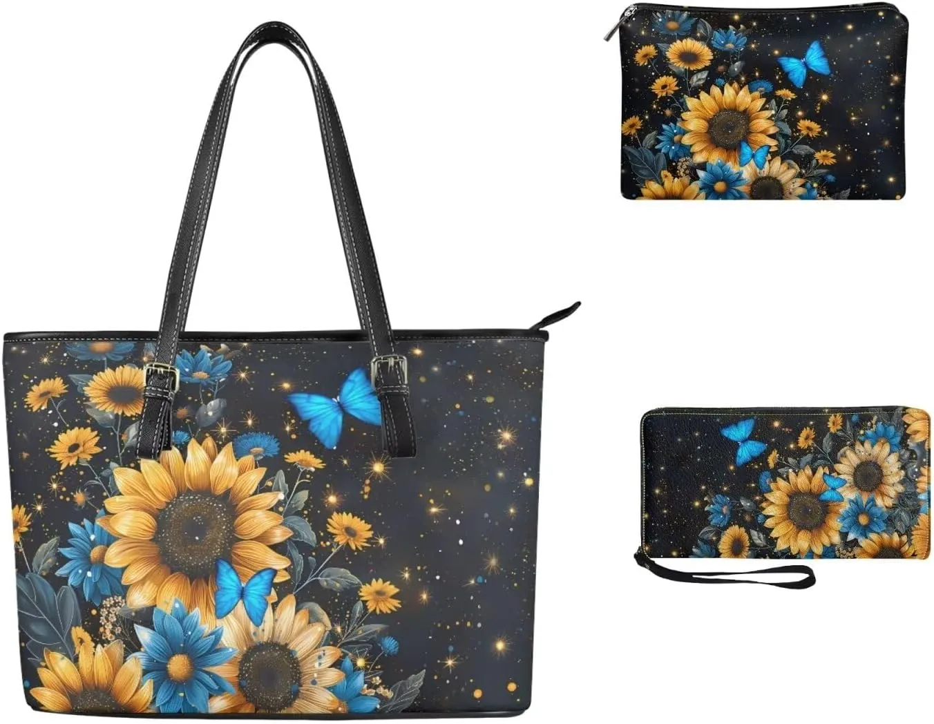 Shoulder Bag Set Leather Tote Handbags with Portable Makeup Bag and Wristlet Wallet for Women, 3 Pieces