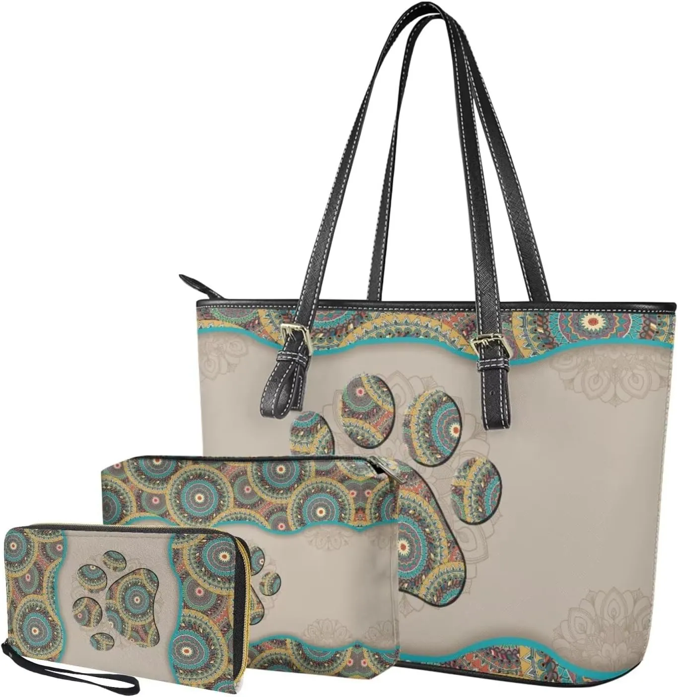 Shoulder Bag Set Leather Tote Handbags with Portable Makeup Bag and Wristlet Wallet for Women, 3 Pieces