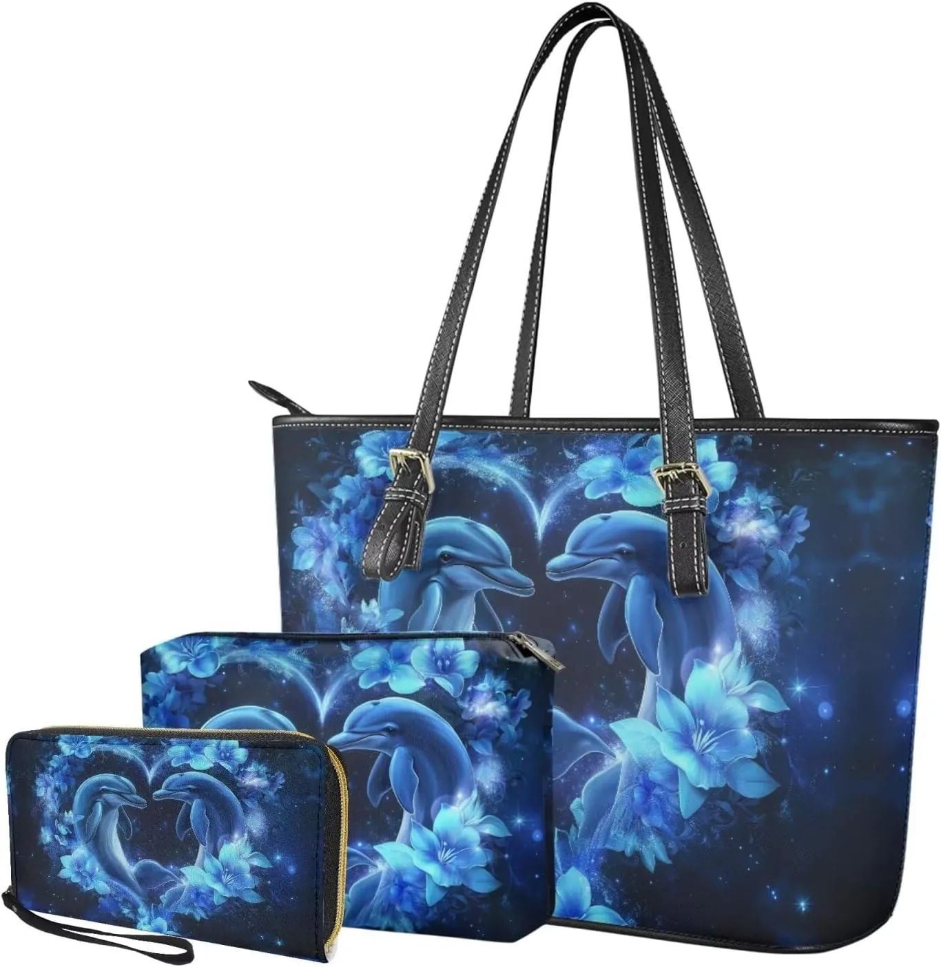 Shoulder Bag Set Leather Tote Handbags with Portable Makeup Bag and Wristlet Wallet for Women, 3 Pieces