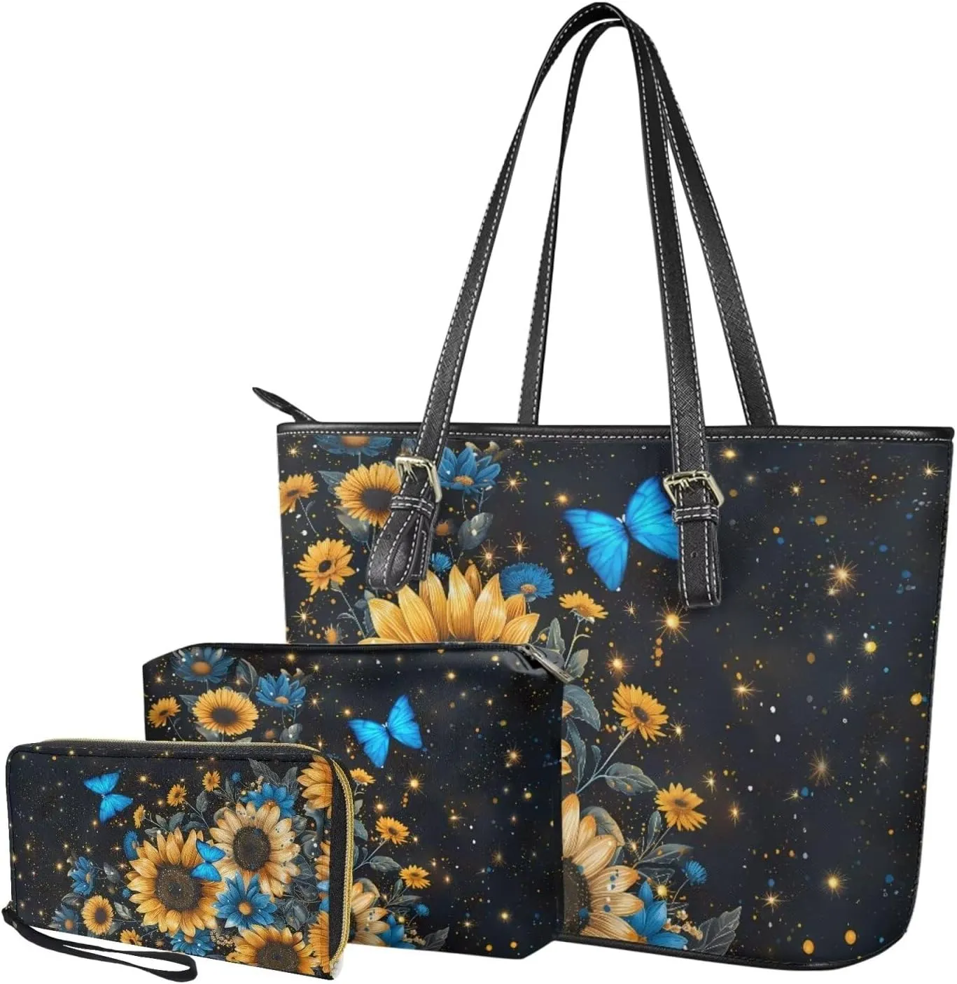 Shoulder Bag Set Leather Tote Handbags with Portable Makeup Bag and Wristlet Wallet for Women, 3 Pieces