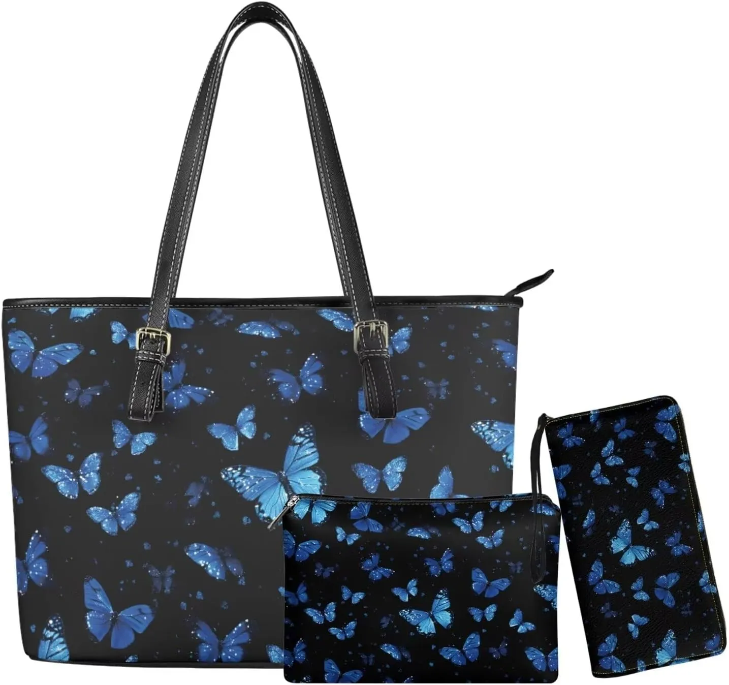 Shoulder Bag Set Leather Tote Handbags with Portable Makeup Bag and Wristlet Wallet for Women, 3 Pieces