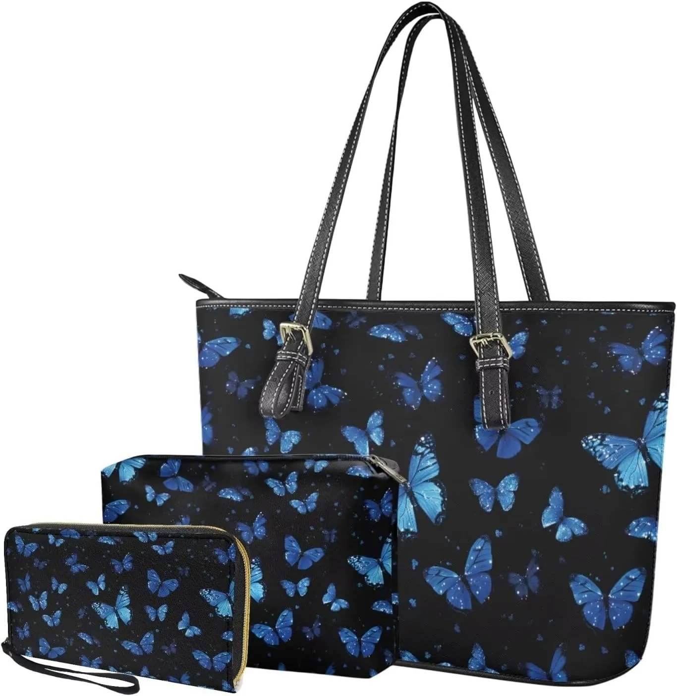 Shoulder Bag Set Leather Tote Handbags with Portable Makeup Bag and Wristlet Wallet for Women, 3 Pieces
